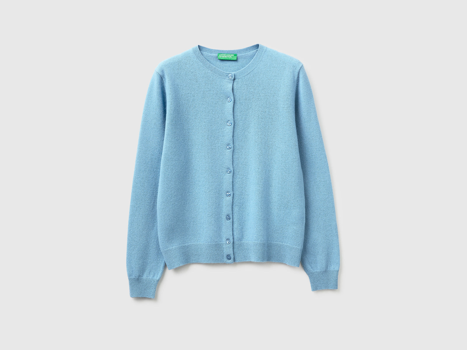 Sky blue crew neck cardigan in pure Merino wool - ucb_image_FS