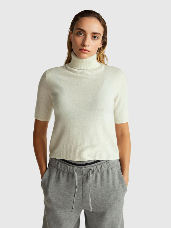 Cream white short sleeve turtleneck in cashmere blend Women