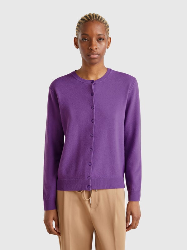 Purple crew neck cardigan in pure Merino wool Women