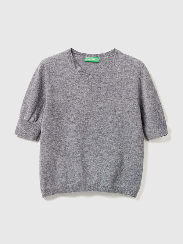 Dark gray short sleeve sweater in pure Merino wool Women