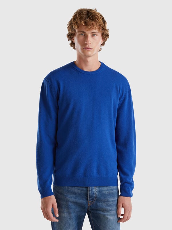Cornflower blue crew neck sweater in pure Merino wool Men