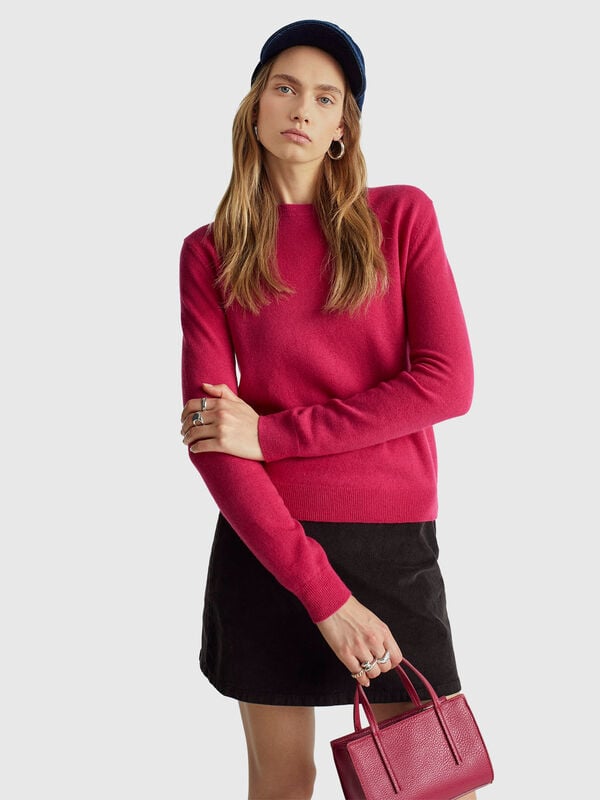 Fuchsia crew neck sweater in Merino wool Women