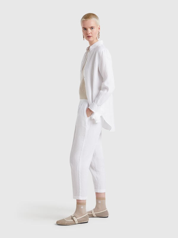 Cropped trousers in 100% linen Women