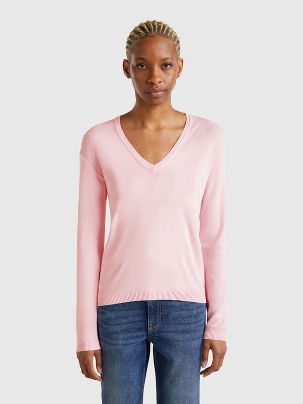 Pure cotton sweater with V-neck Women