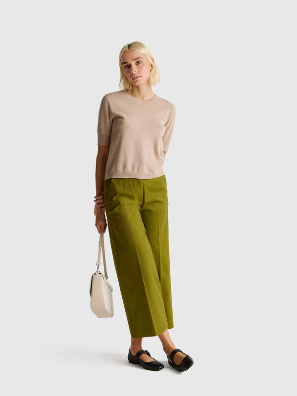 Beige short sleeve sweater in pure Merino wool Women