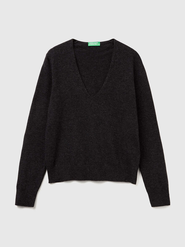 Dark gray V-neck sweater in pure Merino wool Women
