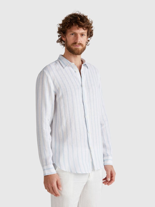 Sky blue and white striped shirt in pure linen Men