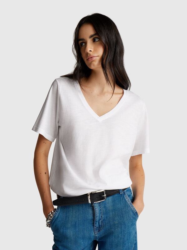 V-neck t-shirt in slub cotton Women