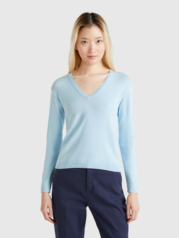 Pure cotton sweater with V-neck Women