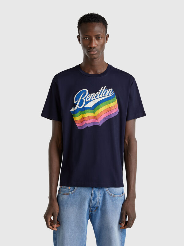 Dark blue cotton T-shirt with multicolor logo Men