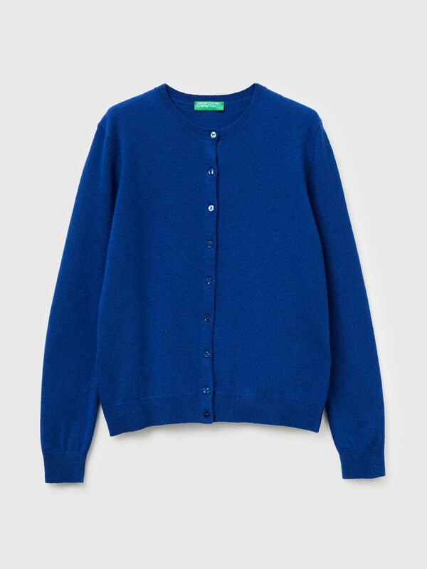 Blue crew neck cardigan in pure Merino wool Women