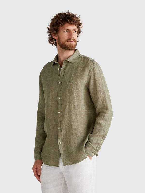 Military green shirt in pure linen Men