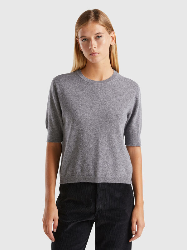 Dark gray short sleeve sweater in pure Merino wool Women