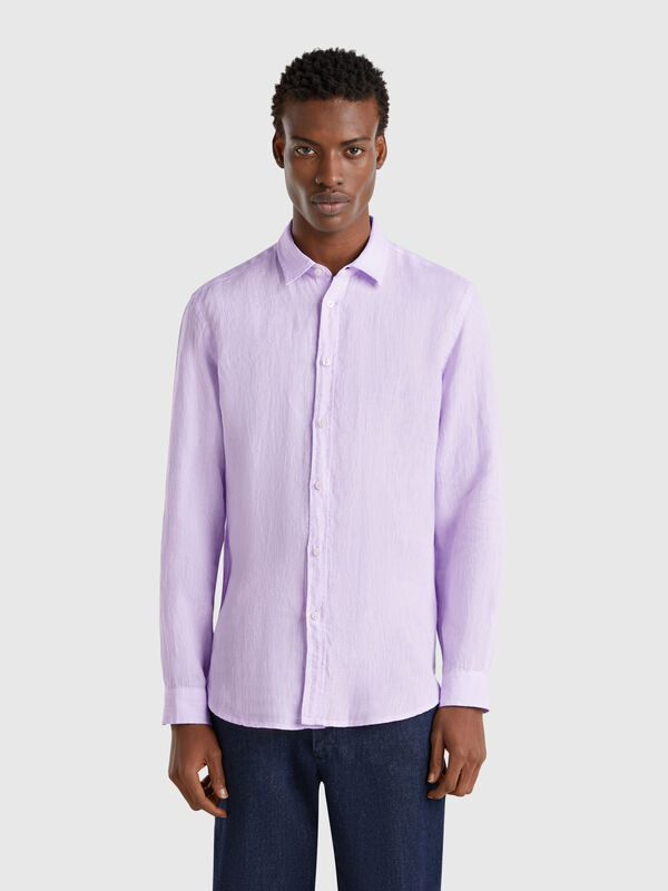 Lilac patterned shirt in pure linen Men