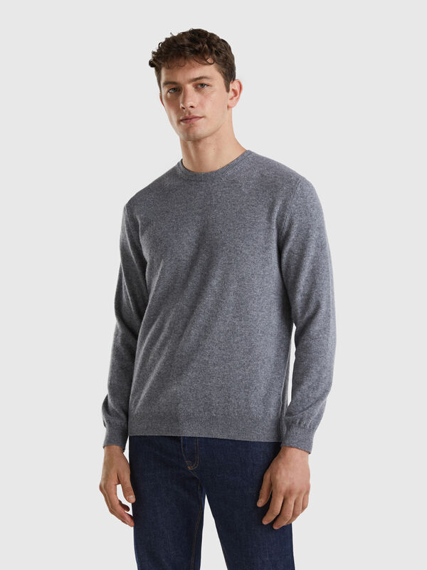 Dark gray crew neck sweater in pure Merino wool Men