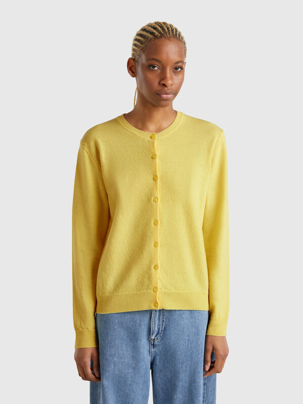 Yellow crew neck cardigan in pure Merino wool Women