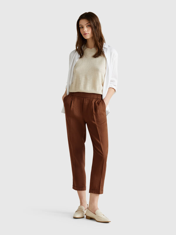 Cropped trousers in 100% linen Women