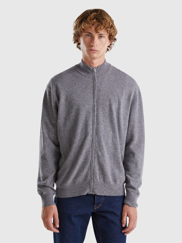 Dark gray zip-up cardigan in pure Merino wool Men